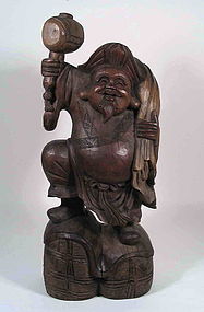 Large Japanese Carved Wood Daikoku Mingei Figure, Meiji