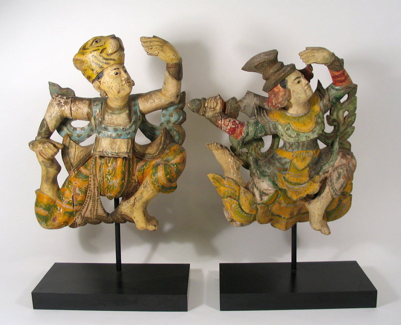 Pair of Antique Carved Dancing Figures from Thailand