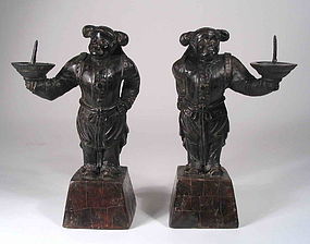 Pair Chinese Lacquer Figural Candle Pricks, 18th/19th C.
