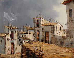 Mexican Adobe Pueblo Painting, Oil on Canvas, R.M Domez