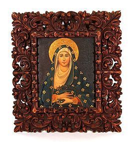 Cuzco School Painting of Virgin Mary in Ornate Frame, 19thC.