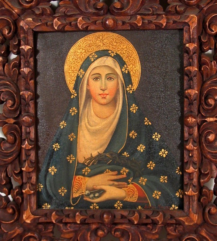 Cuzco School Painting of Virgin Mary in Ornate Frame, 19thC.