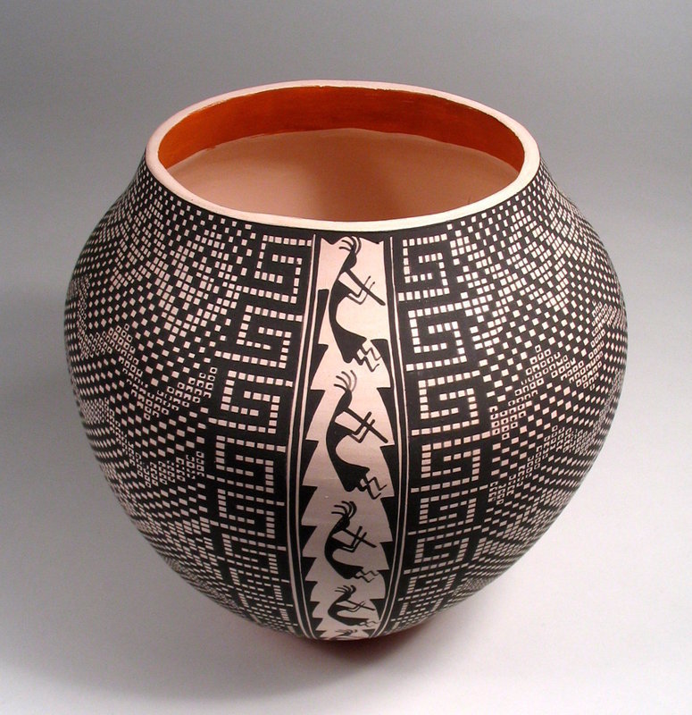 Acoma Black on White Kokopelli Coiled Olla, Signed M.C. Antonio