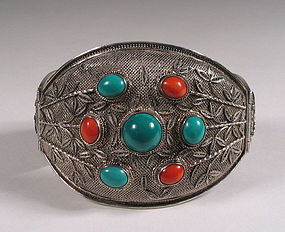 Chinese Silver Filigree Bracelet with Turquoise & Coral Stones