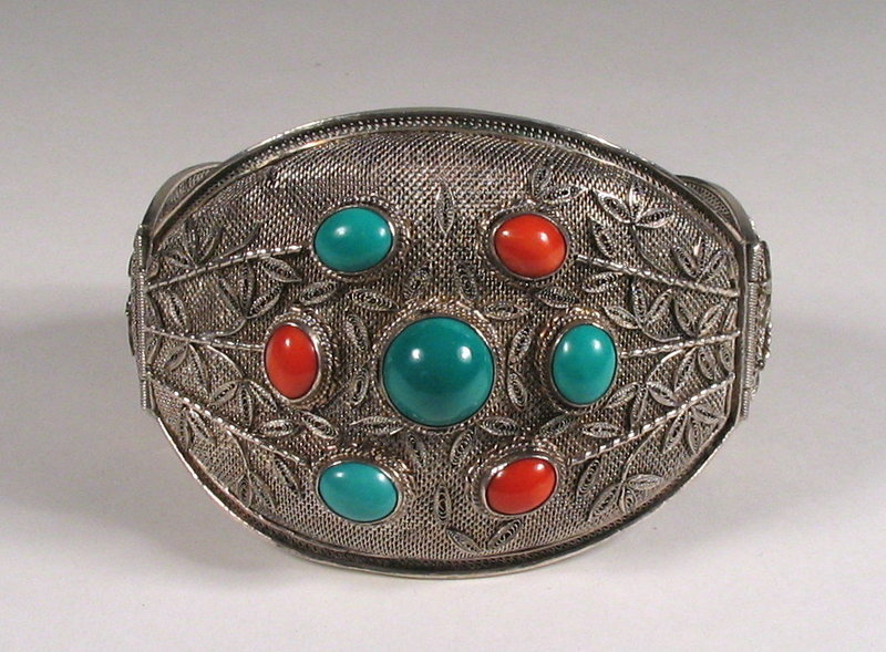 Chinese Silver Filigree Bracelet with Turquoise &amp; Coral Stones