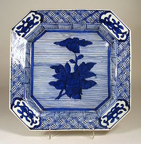 Large, Square B & W Japanese Arita Imari Dish, Edo