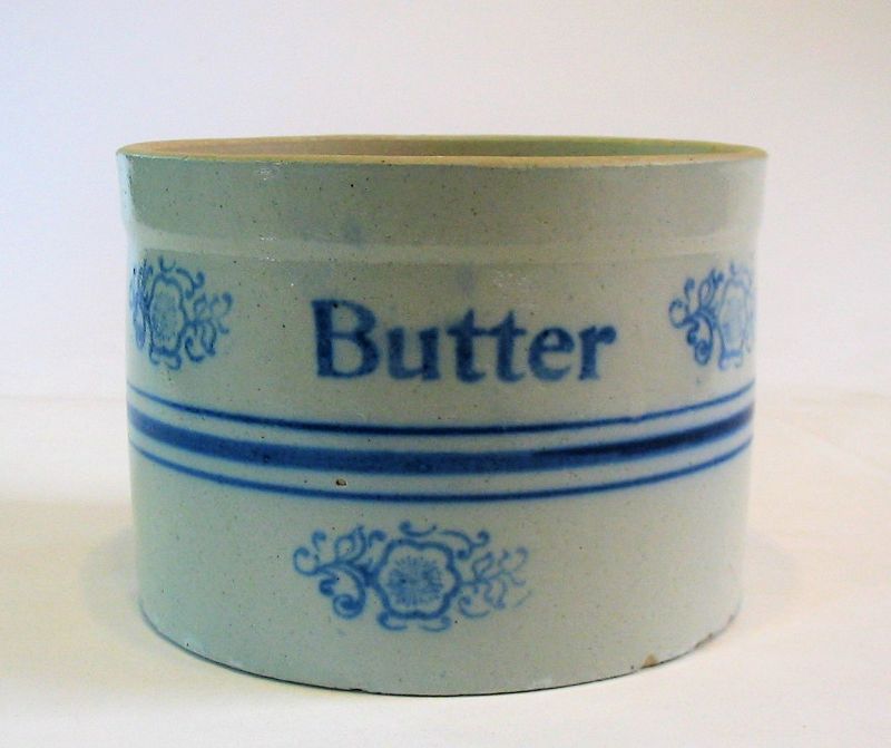 Antique Blue & White Stoneware Butter Crock