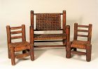 Vintage Miniature Wood Splint Seat Bench & Chairs