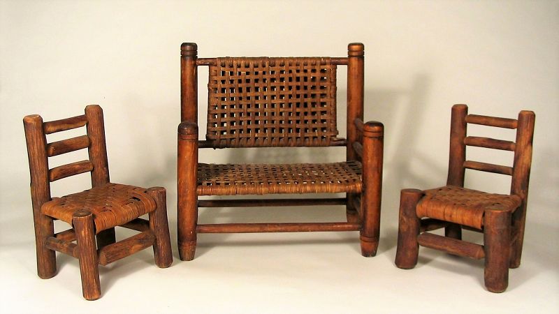 Vintage Miniature Wood Splint Seat Bench &amp; Chairs