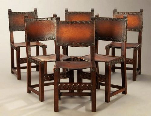Six Antique Spanish Renaissance Walnut & Leather Dining Chairs
