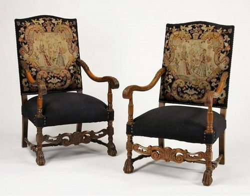 Pair Late 19th C. Carved Walnut French Needlepoint Armchairs