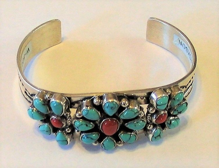 Sterling, Turquoise &amp; Coral Navajo Cuff Bracelet by Leonard Jackson
