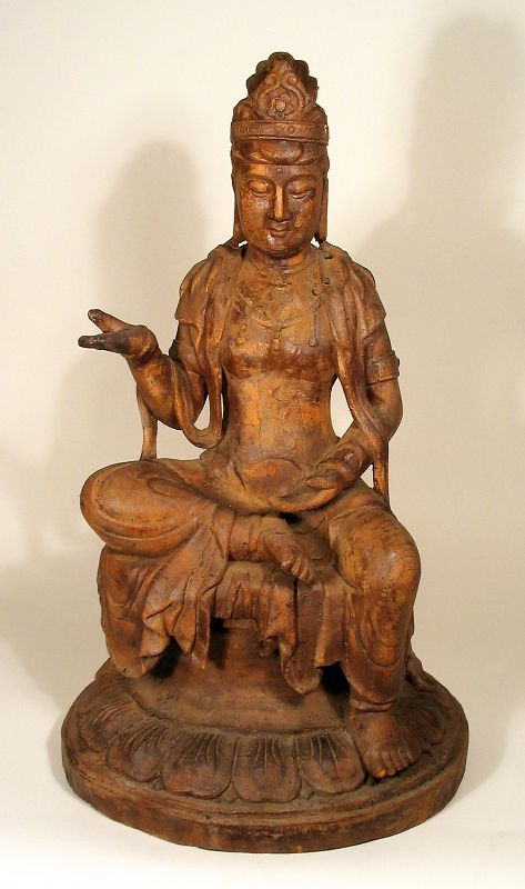 Large Chinese Carved Wood Figure of Guanyin