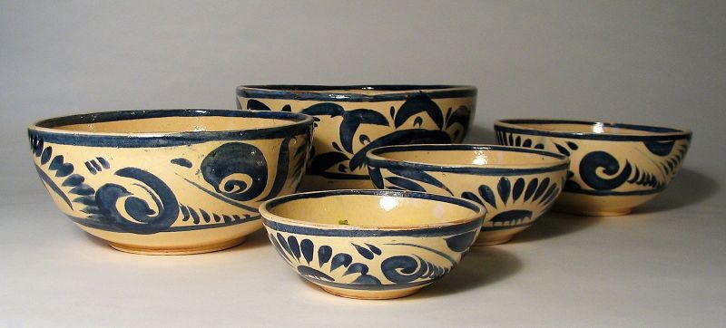 Set of Five Vintage Blue & White Mexican Nesting Bowls
