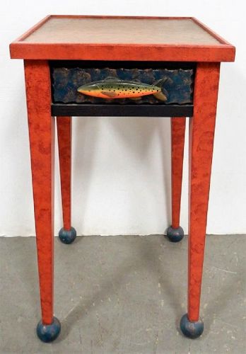 Folk Art Copper Topped End Table with Fish