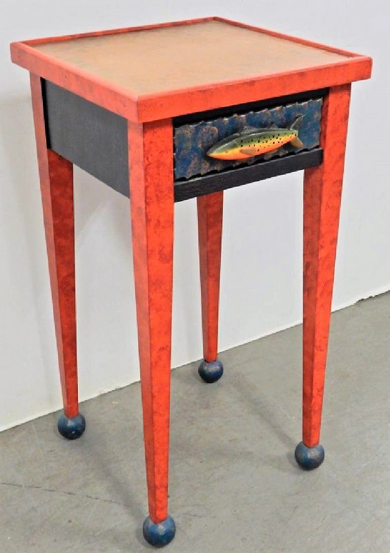 Folk Art Copper Topped End Table with Fish