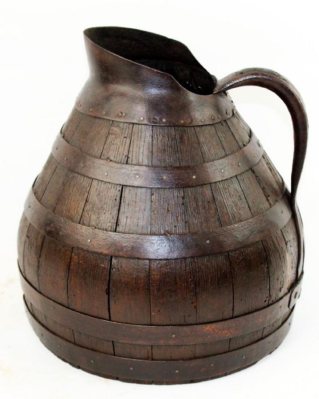 Antique French Alsacian Wood & Iron Wine Pitcher