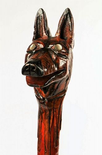 Carved Wood “Wolf” Folk Art Cane, Milton Jews