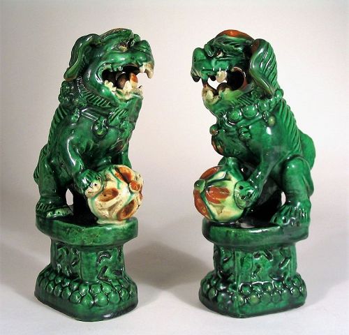 Early Pair Antique Chinese Pottery Foo Dogs, Qing