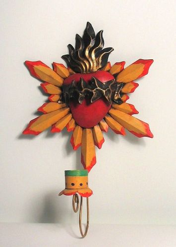 Vintage Mexican Painted Metal Sacred Heart Candle Holder