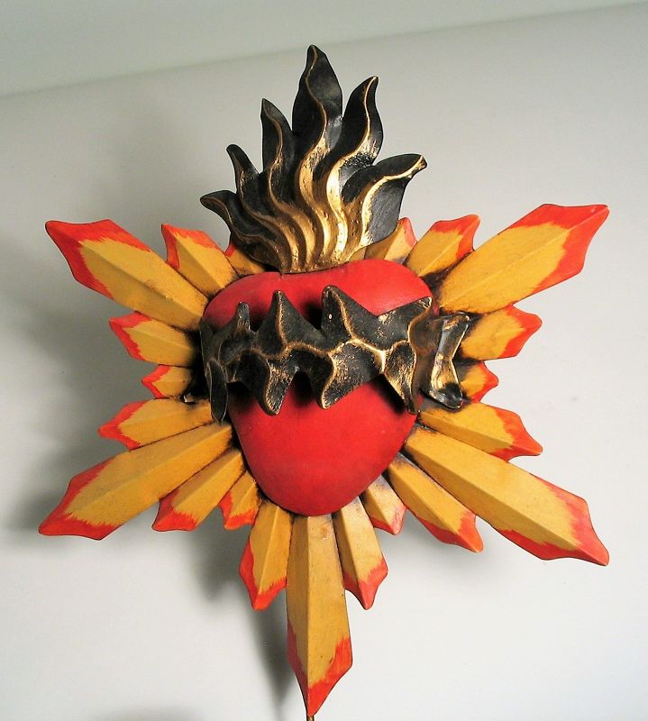Vintage Mexican Painted Metal Sacred Heart Candle Holder