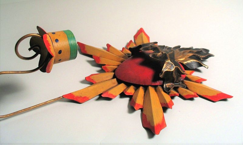 Vintage Mexican Painted Metal Sacred Heart Candle Holder