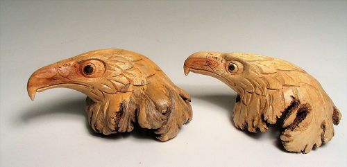 Pair of Hand Carved Burl Eagle Heads, Chinaberry Wood