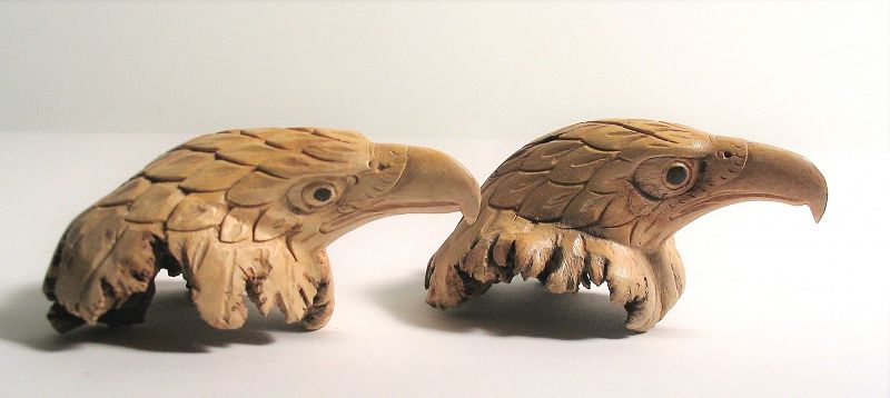 Pair of Hand Carved Burl Eagle Heads, Chinaberry Wood