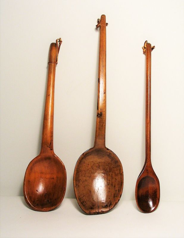 Three Large Antique Maple Kitchen Spoons