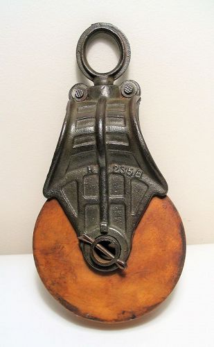 Vintage Cast Iron Pulley with Wood Wheel