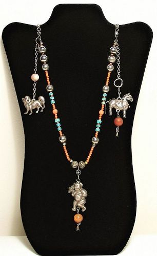 Antique Chinese Silver, Coral and Turquoise Necklace