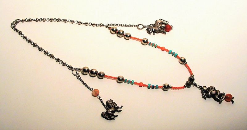 Antique Chinese Silver, Coral and Turquoise Necklace