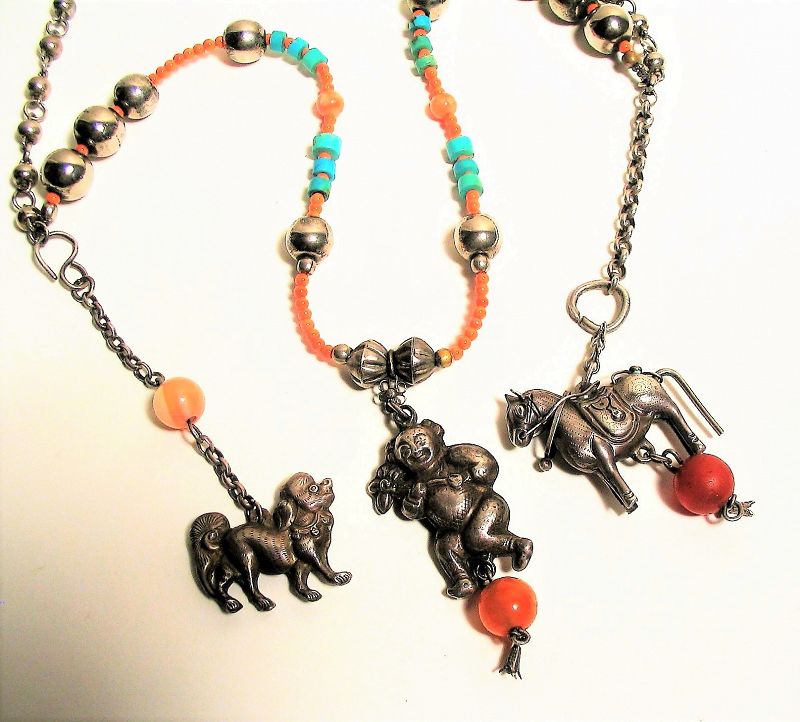 Antique Chinese Silver, Coral and Turquoise Necklace