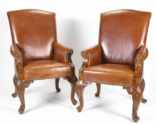 Pair of Leather High-Back Arm Chairs