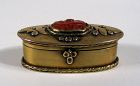 Small Antique Chinese Brass Box with Carved Carnelian