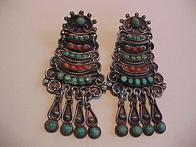 EARLY MATILDE POULAT "MATL" STERLING CORAL TURQUOISE EARRINGS