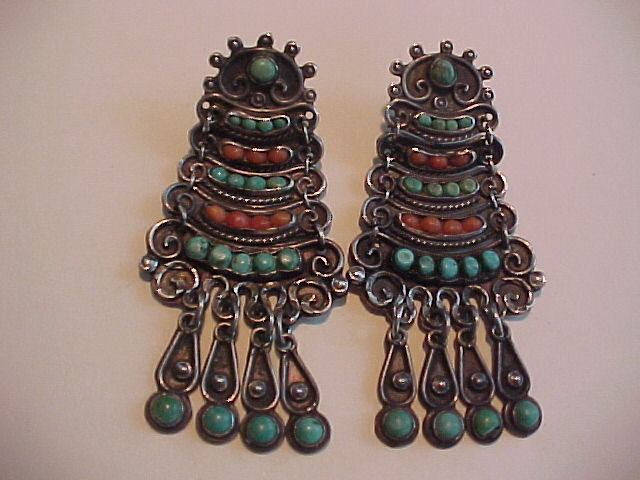 EARLY MATILDE POULAT &quot;MATL&quot; STERLING CORAL TURQUOISE EARRINGS