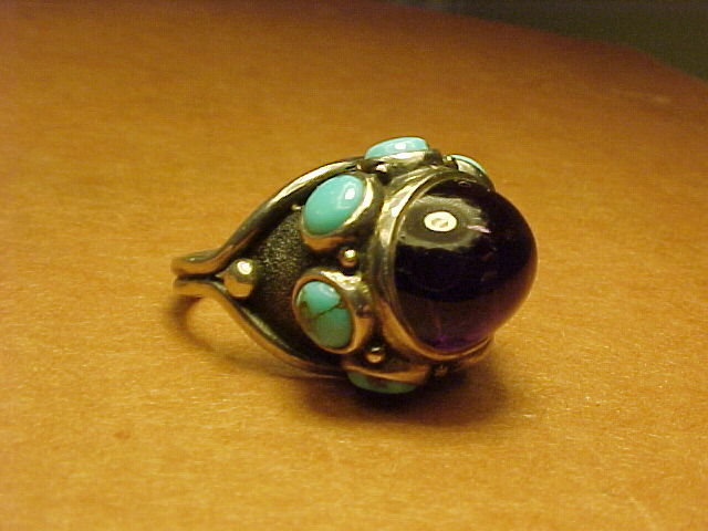 MODERNIST H. FRED SKAGGS STERLING AMETHYST TURQUOISE RING
