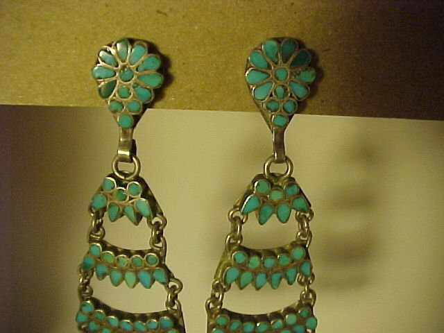 OLD ZUNI DISHTA OR DISHTA STYLE TURQUOISE INLAY EARRINGS