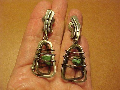 RARE MODERNIST ED WIENER ABSTRACT CAGED TURQUOISE STERLING EARRINGS