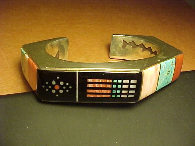 VINTAGE NAVAJO JIM HARRISON STERLING MULTI STONE INLAY BRACELET