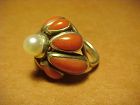 VINTAGE ARIZONA MODERNIST H. FRED SKAGGS STERLING CORAL PEARL RING