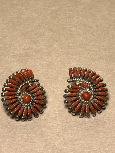 VINTAGE ZUNI EDITH TSABETSAYE STERLING CORAL PETIT POINT EARRINGS