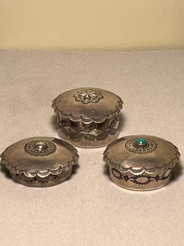 THREE VINTAGE NAVAJO ROUND STERLING BOXES WITH STAMPING