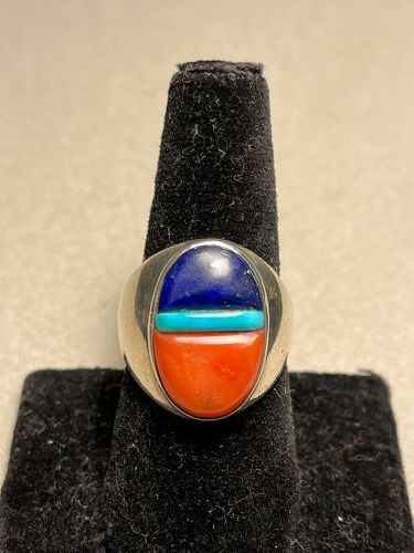 VINTAGE  ZUNI ROGER TSABETSAYE RING WITH LAPIS, TURQUOISE AND CORAL