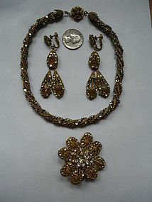 Miriam Haskell Signed Necklace Brooch Drop Earrings Set