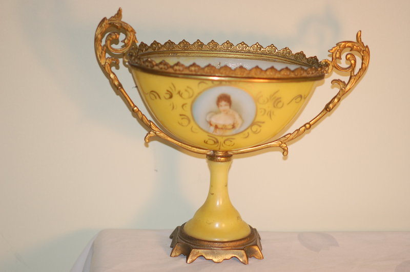 French Opaline glass hand painted portrait vase on stand C: 1890