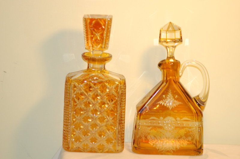Bohemian Cut &amp; etched glass decanters (2) C:1920
