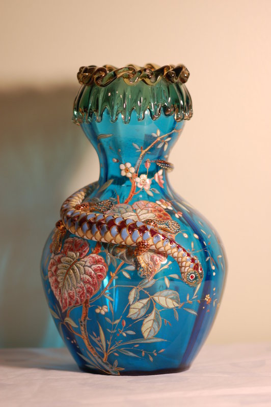 Bohemian Moser glass vase with applied salamander C:1885