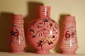 Thomas Webb painted English glass vase set C:1900